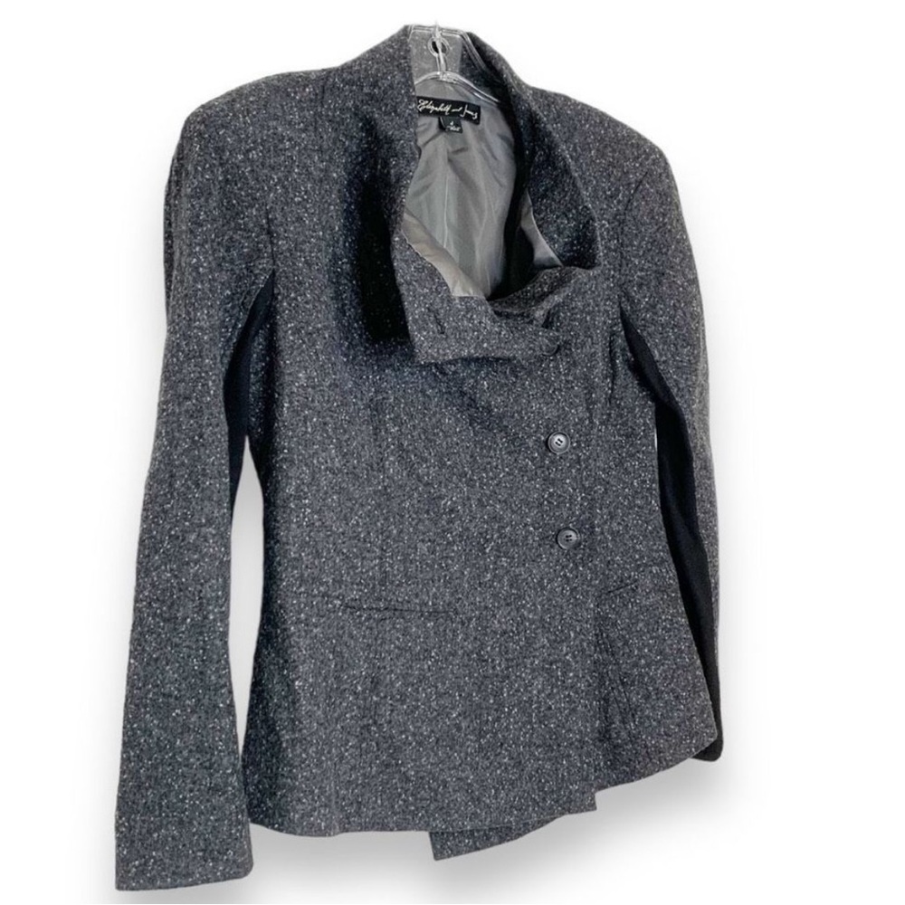 Elizabeth and James Asymmetrical Donegal Wool Cowl Neck Blazer Jacket Grey